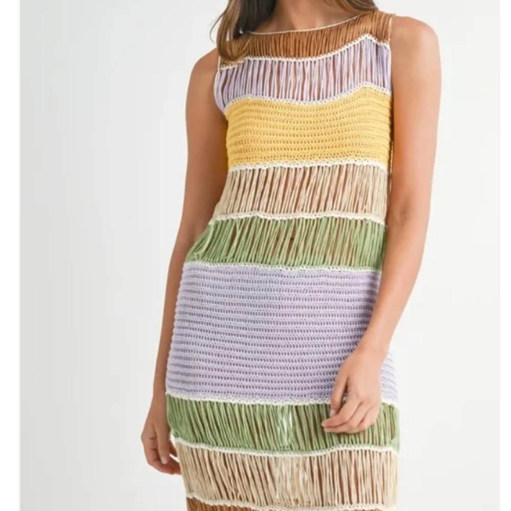 NWT Mable Crochet Knit Multicolor Striped Fringe Maxi Dress L - Picture 6 of 8